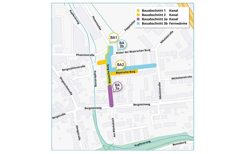 Voraussichtlich ab 10. Juni 2024 beginnen die Baumaßnahmen im ersten Bauabschnitt, der sich von der Phoenixstraße/Pappelallee.